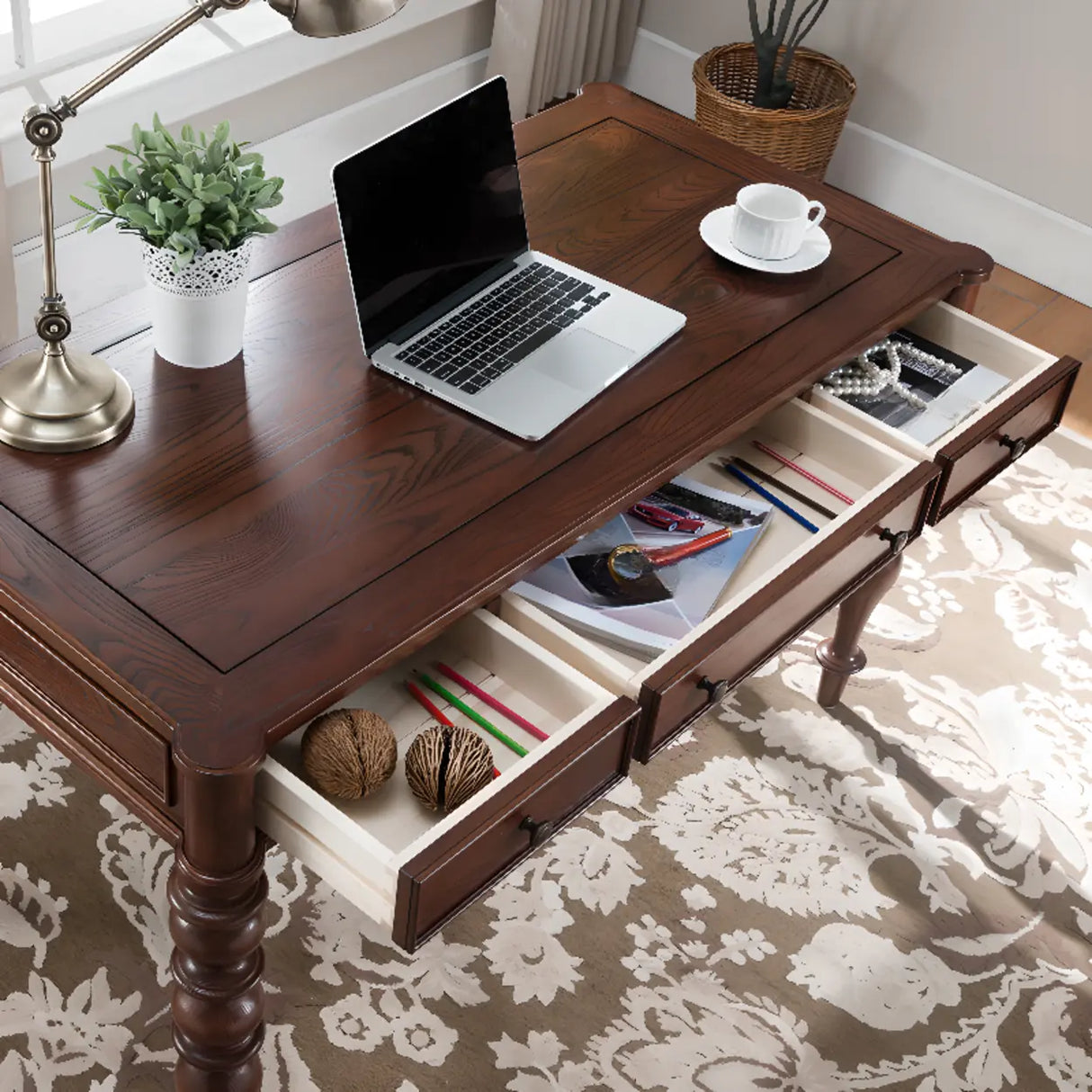 Traditional Brown Rectangle Timber Drawers Writing Desk Image - 4