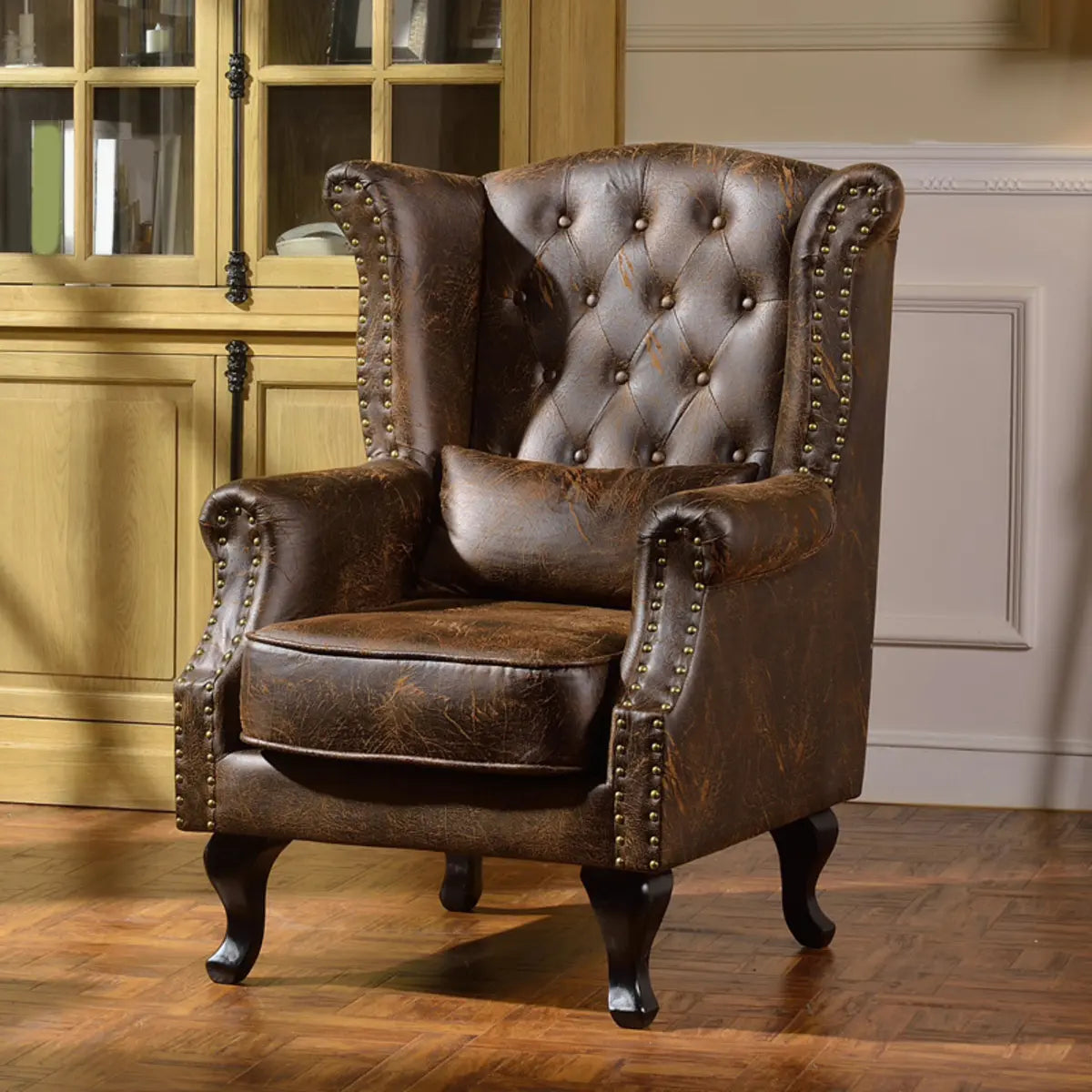 Traditional Brown Suede Round Arm Nailhead Lounge Chair Image - 4