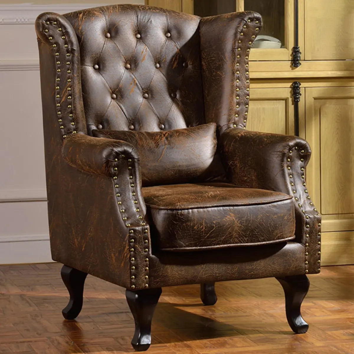 Traditional Brown Suede Round Arm Nailhead Lounge Chair Image - 6