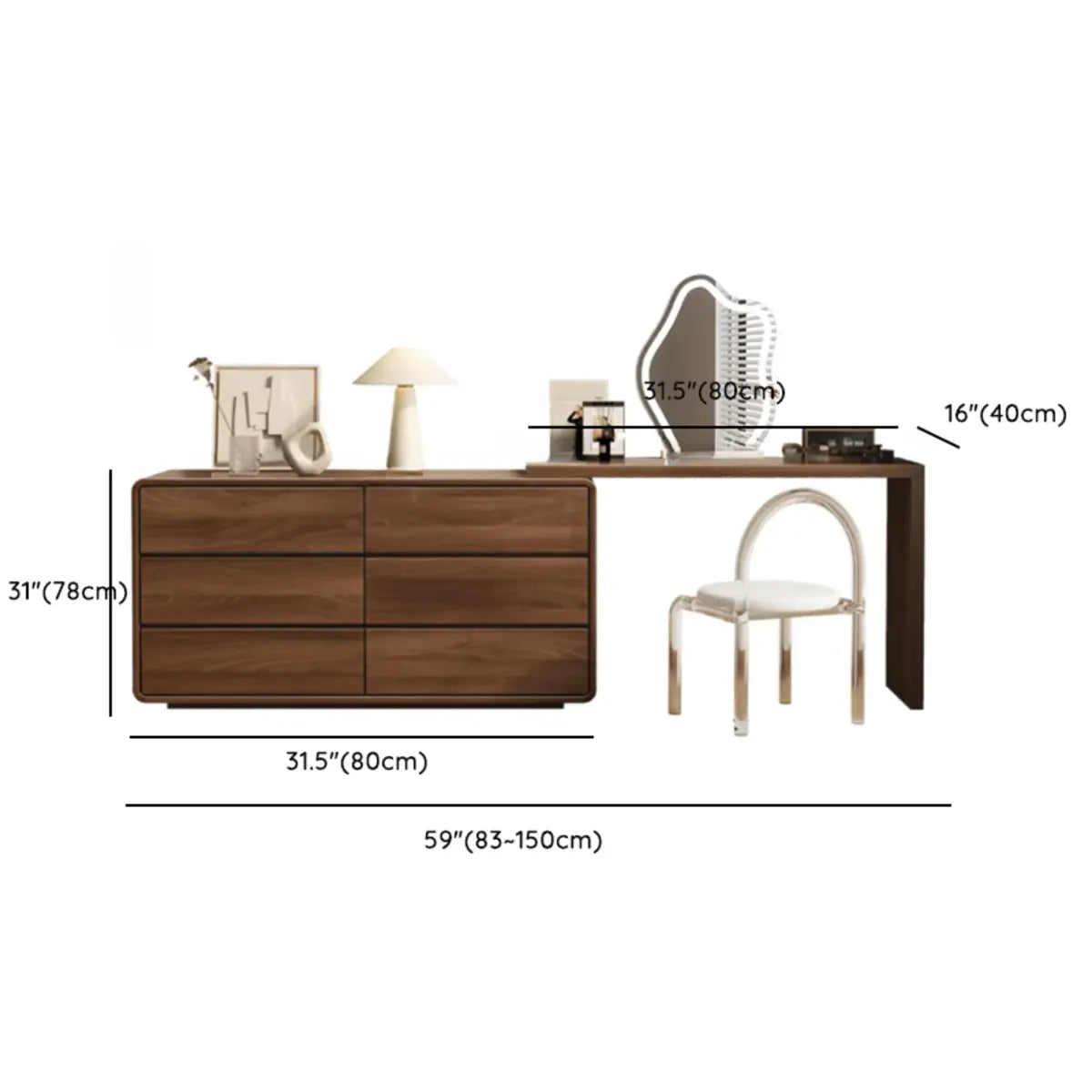 Traditional Brown Wood Drawer Makeup Vanity Set with Mirror Image - 16