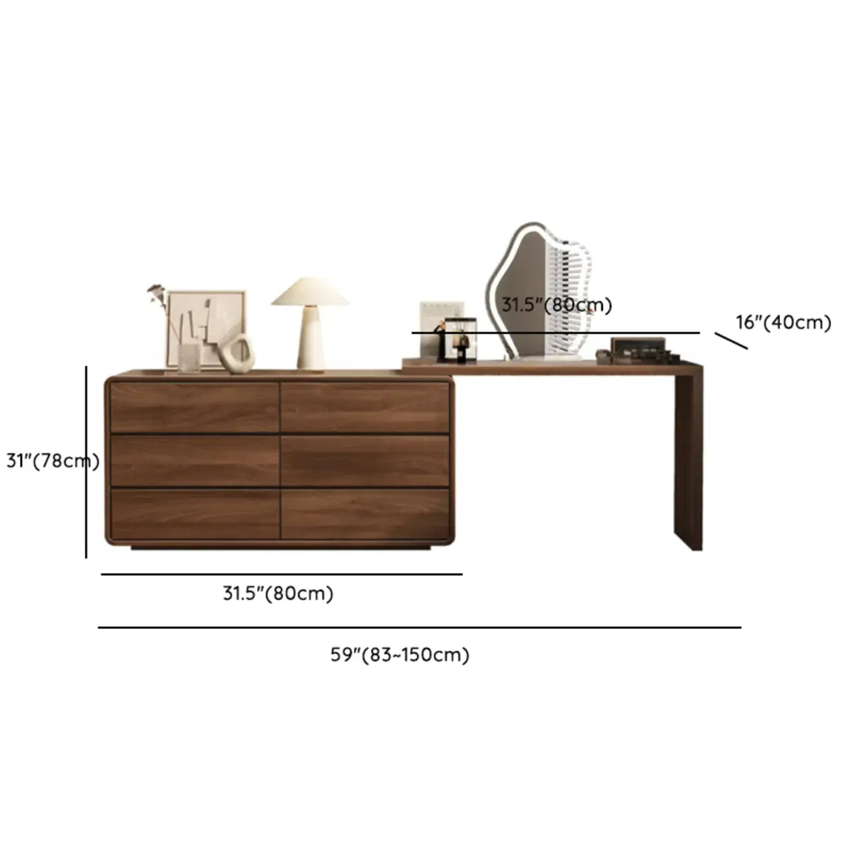 Traditional Brown Wood Drawer Makeup Vanity Set with Mirror Image - 18