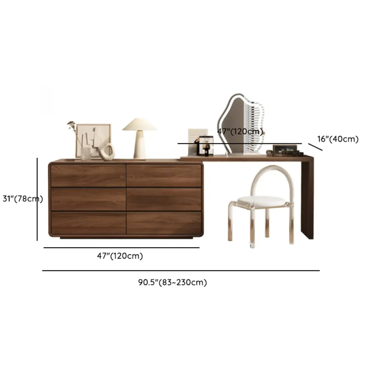 Traditional Brown Wood Drawer Makeup Vanity Set with Mirror Image - 20