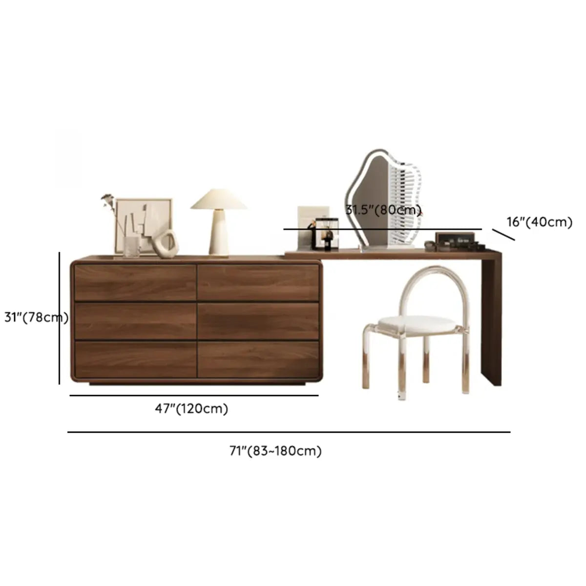 Traditional Brown Wood Drawer Makeup Vanity Set with Mirror Image - 26