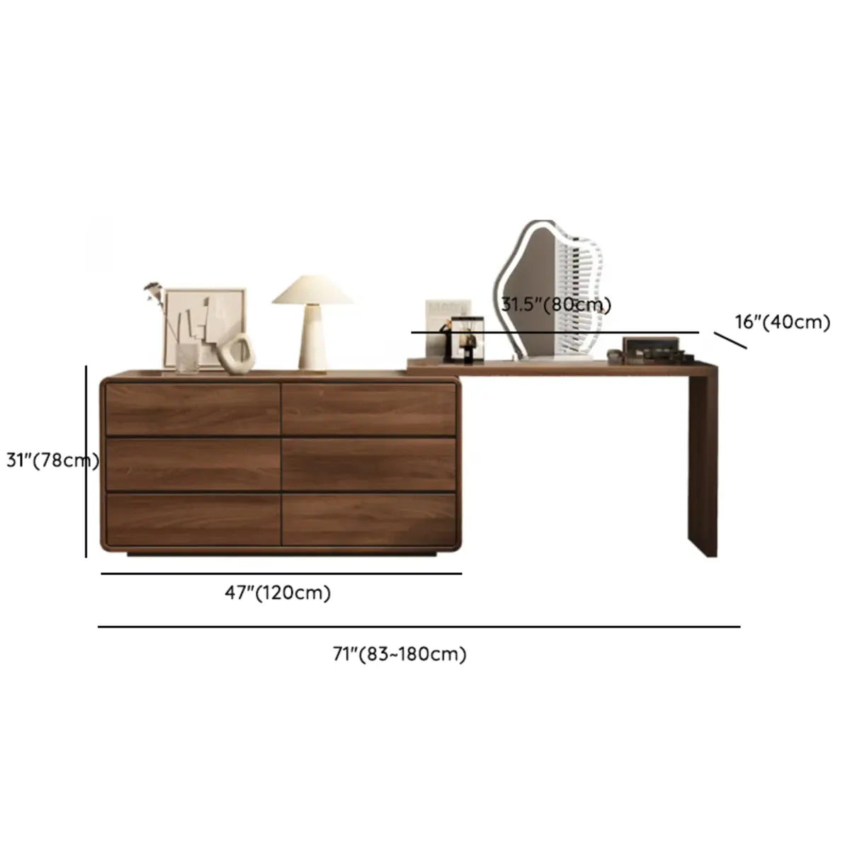 Traditional Brown Wood Drawer Makeup Vanity Set with Mirror Image - 27