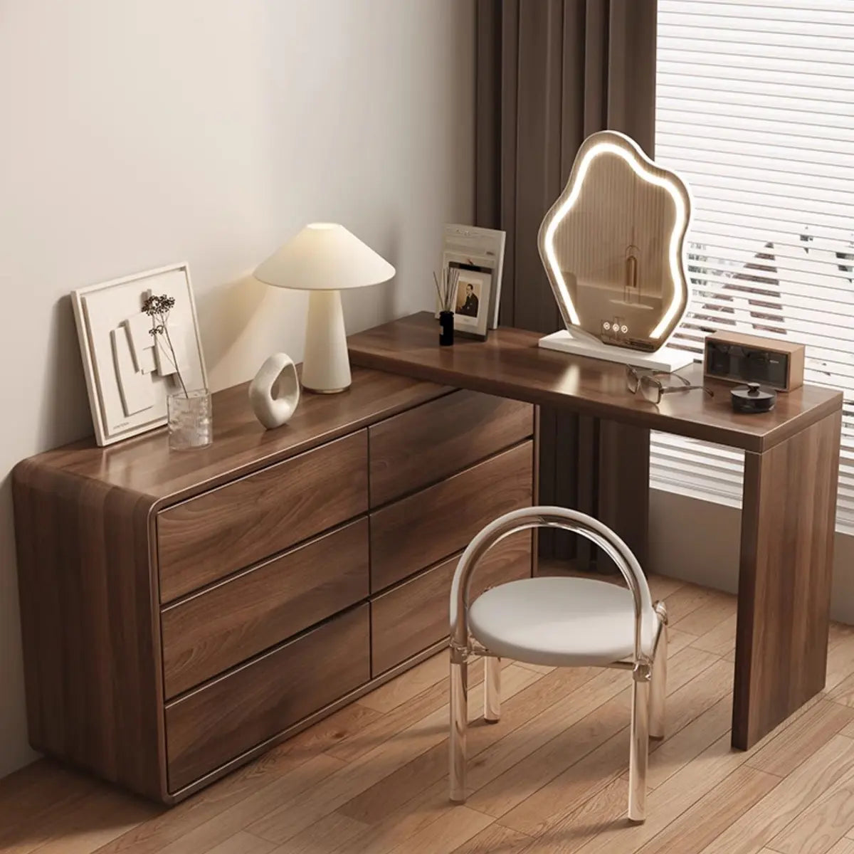 Traditional Brown Wood Drawer Makeup Vanity Set with Mirror Image - 6