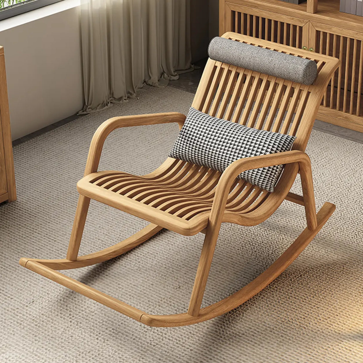 Traditional Brown Wood Track Arms Rocking Chair Image - 7