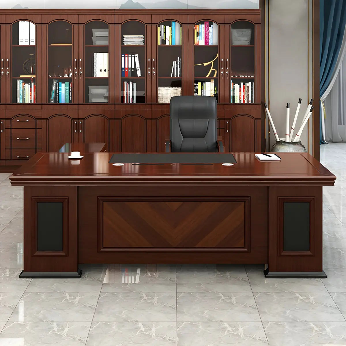 Traditional Brown Wooden Sledge Long Executive Desk Image - 1