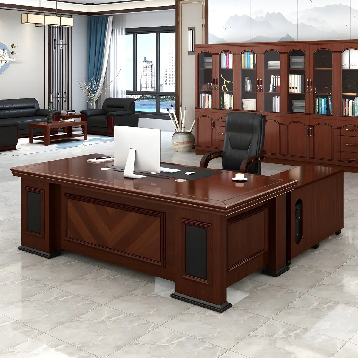 Traditional Brown Wooden Sledge Long Executive Desk Image - 2