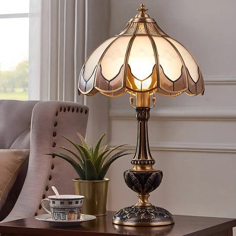 Traditional Dome Frosted Glass Shade Bronze Table Lamp Image - 2