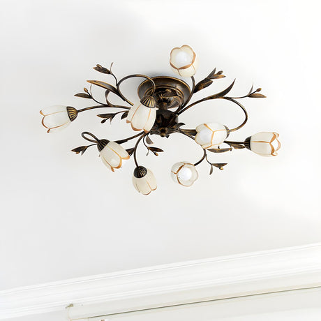 Traditional Floral Vine Brass Semi-Flush Mount Light Image - 1