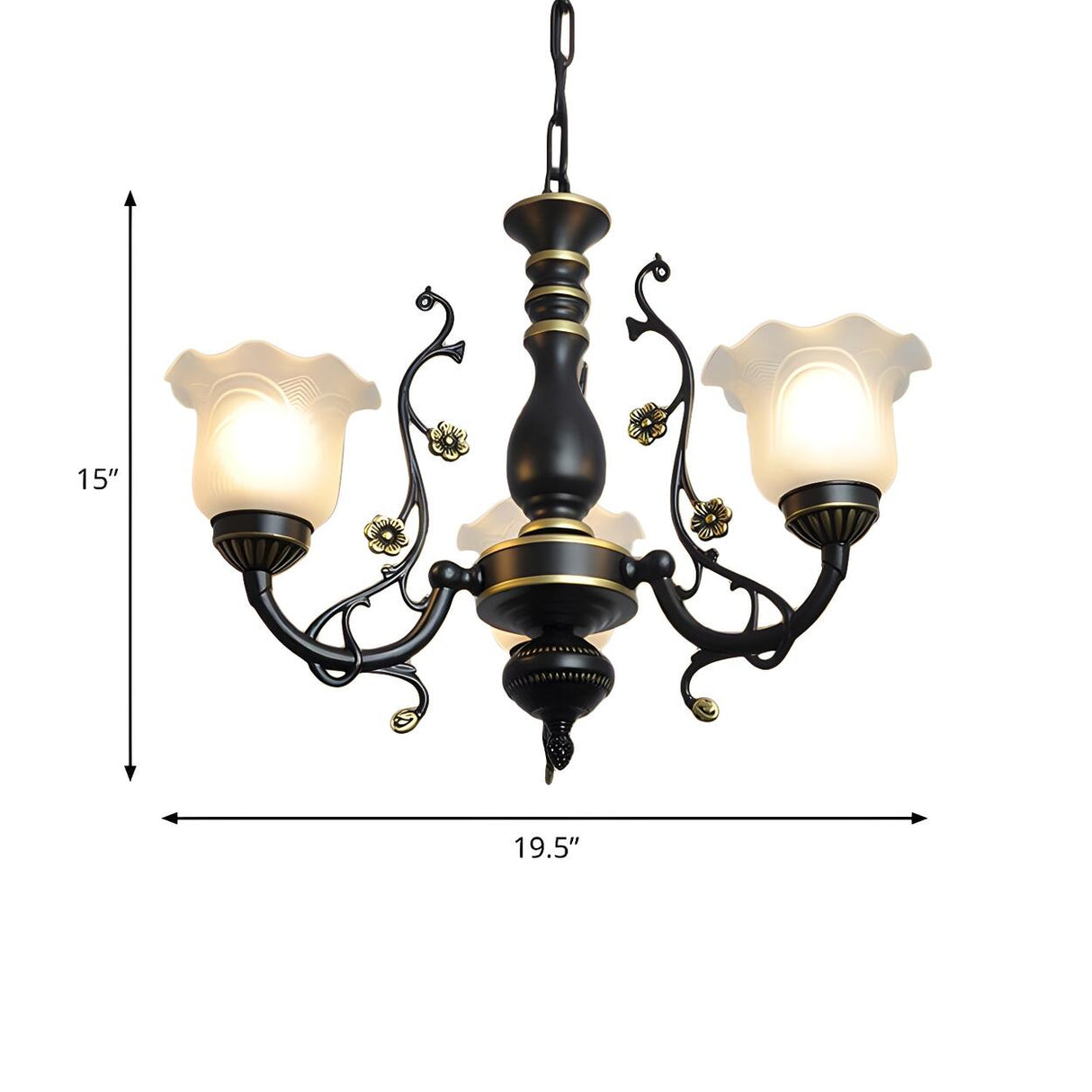 Traditional Frosted Glass Flower Black Metal Chandelier Image - 10