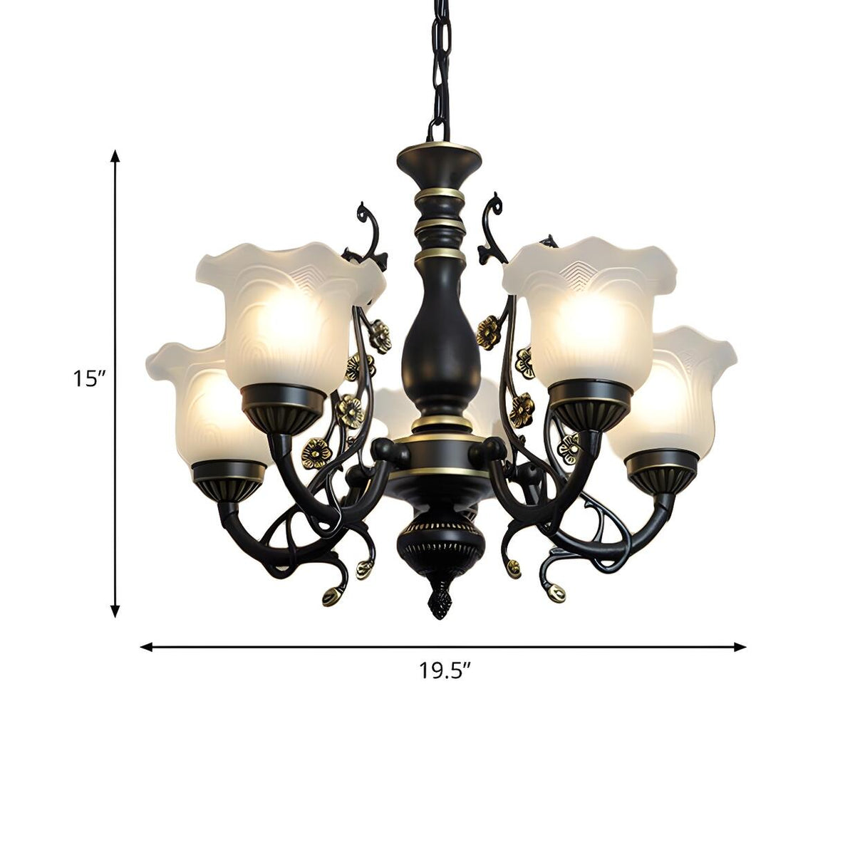 Traditional Frosted Glass Flower Black Metal Chandelier Image - 11