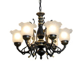 Traditional Frosted Glass Flower Black Metal Chandelier Image - 3