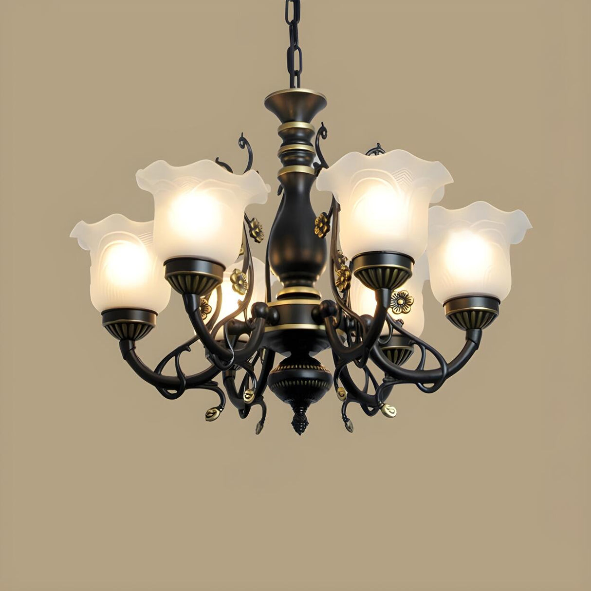 Traditional Frosted Glass Flower Black Metal Chandelier Image - 4