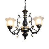 Traditional Frosted Glass Flower Black Metal Chandelier Image - 5