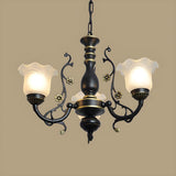 Traditional Frosted Glass Flower Black Metal Chandelier Image - 6