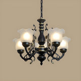 Traditional Frosted Glass Flower Black Metal Chandelier Image - 7