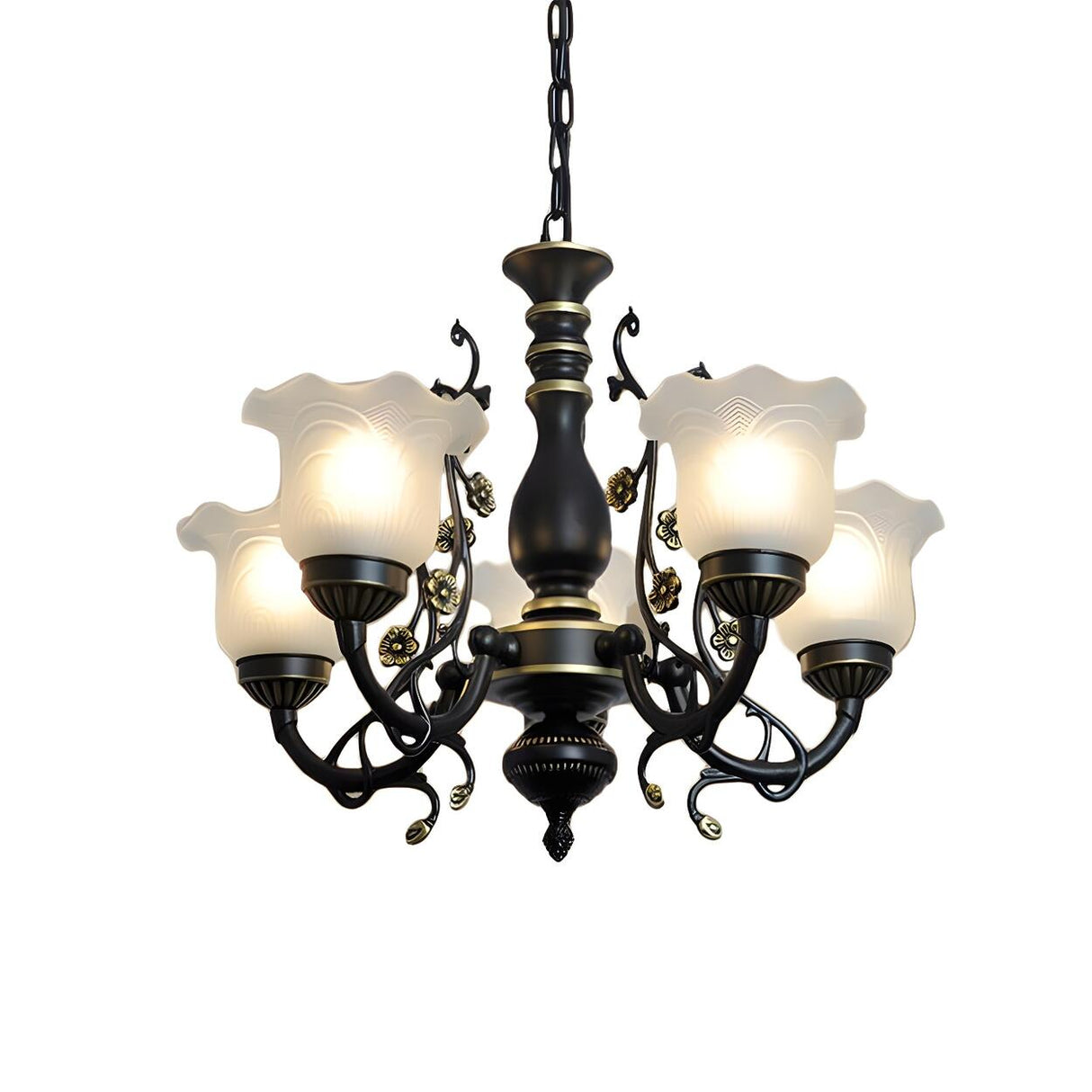 Traditional Frosted Glass Flower Black Metal Chandelier Image - 8