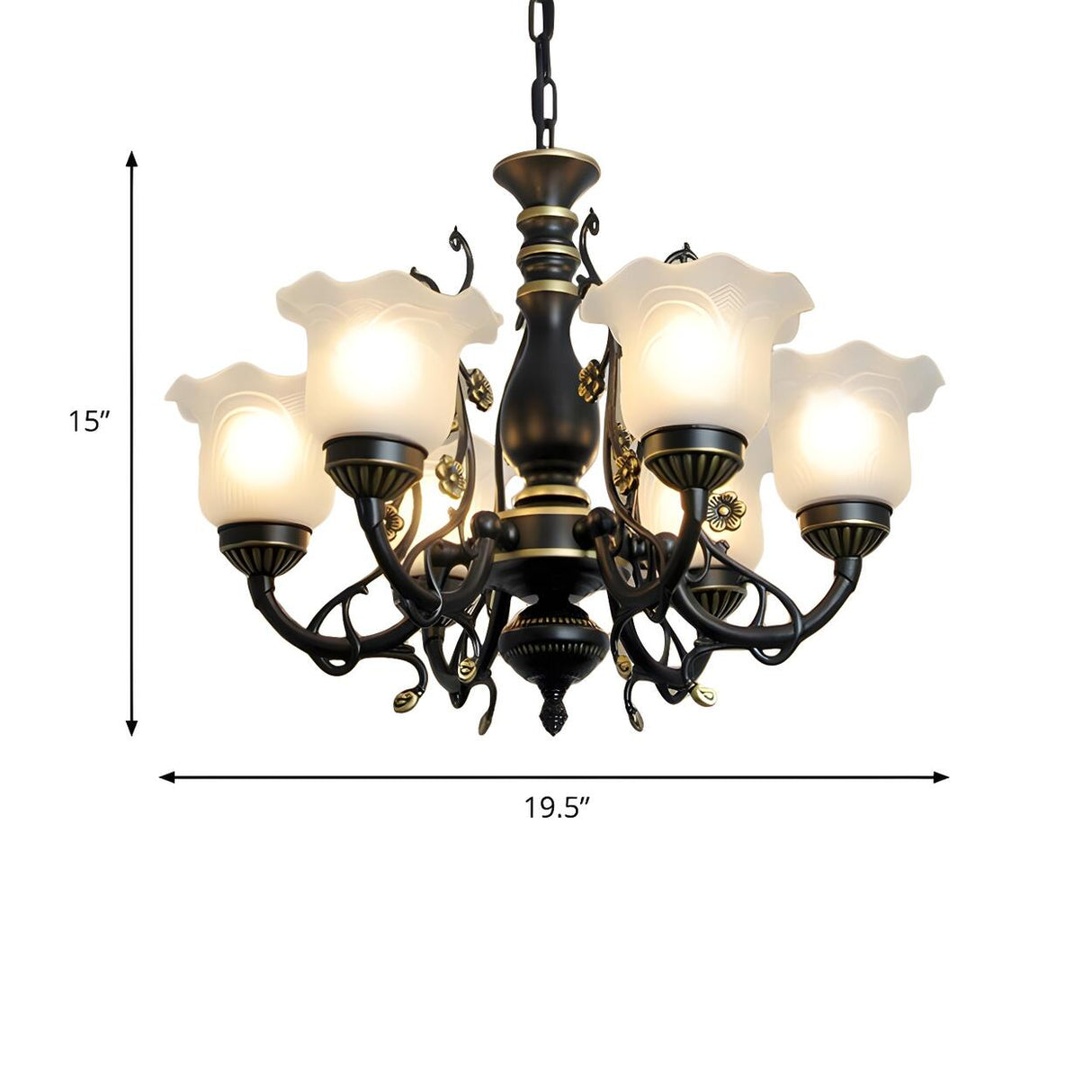 Traditional Frosted Glass Flower Black Metal Chandelier 