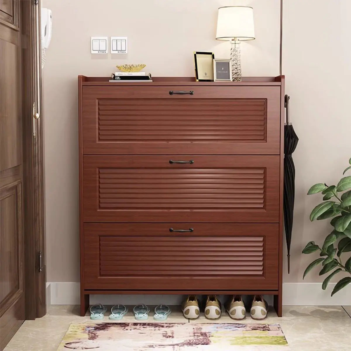 Traditional Rectangular Wood Entryway Brown Shoe Storage Image - 1