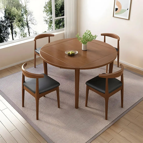 Traditional Round Foldable Solid Wood Dining Table Drop Leaf Image - 2