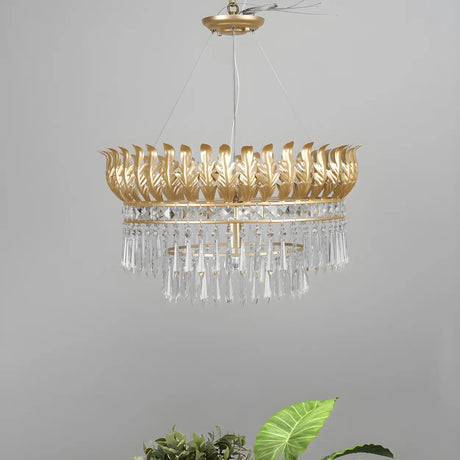 Traditional Rural Crystal Leaf Gold Chandelier Living Room Image - 2