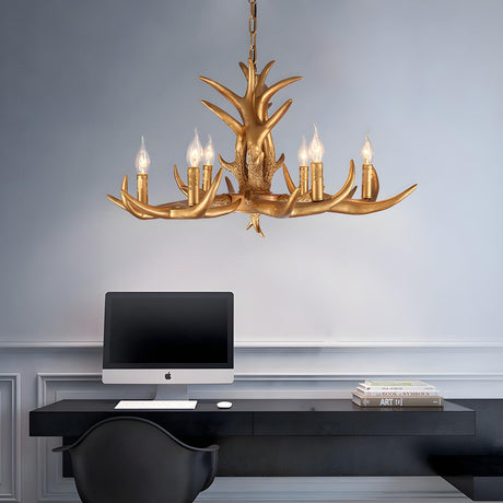 Traditional Rustic Gold Resin Antler Pendant Chandelier Image - 2