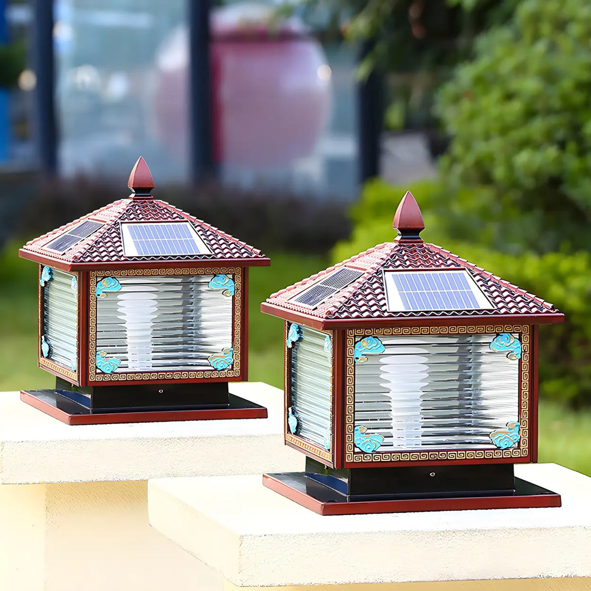 Traditional Square Building Solar Outdoor Pillar Table Lamp Image - 20