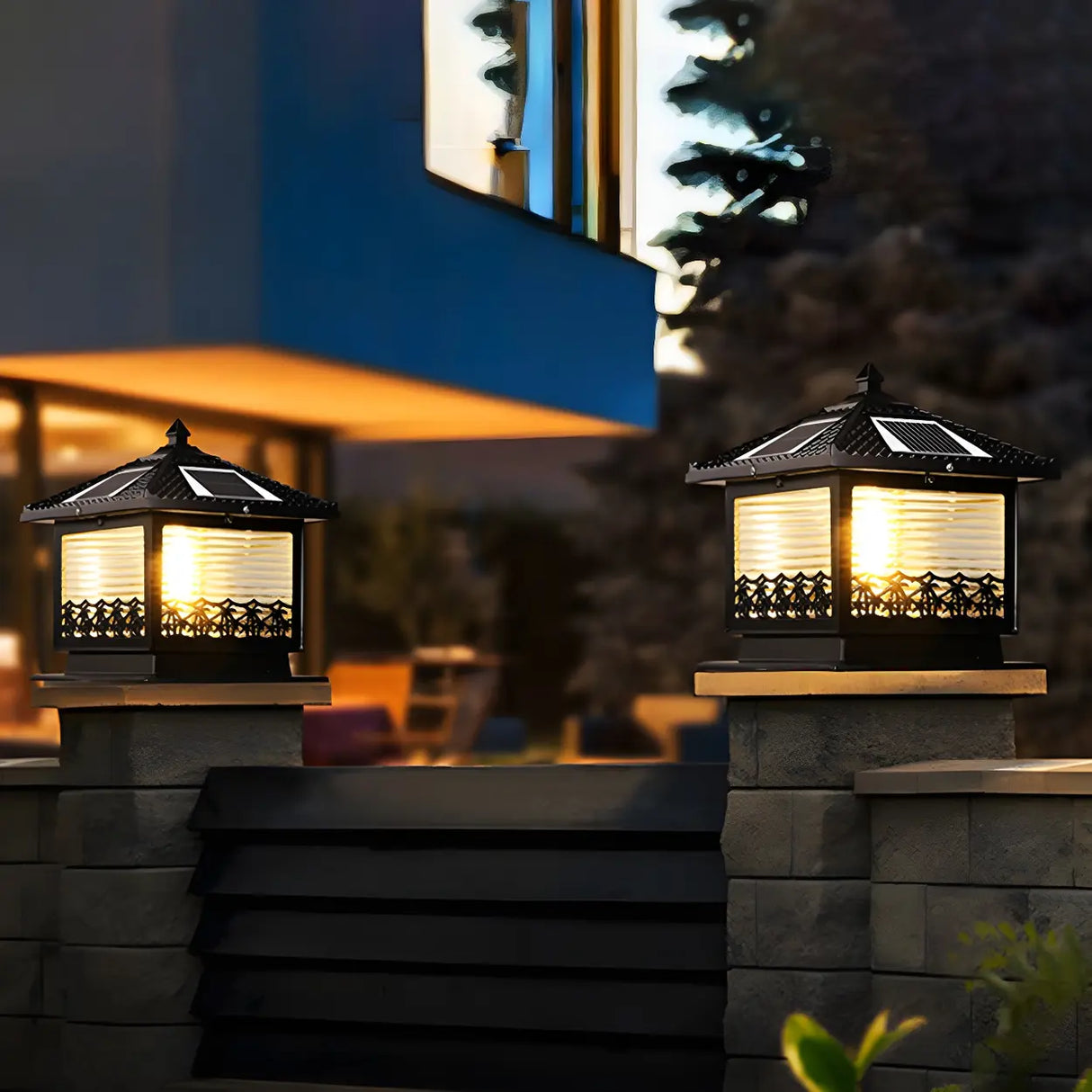 Traditional Square Solar Lantern Black Outdoor Lamp Image - 8