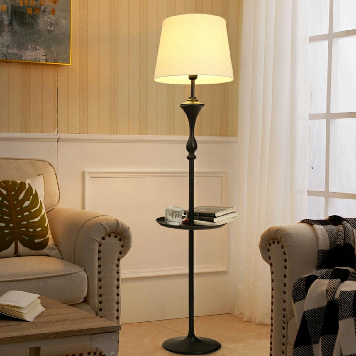 Traditional Standing Barrel Side Table Floor Lamp Image - 1