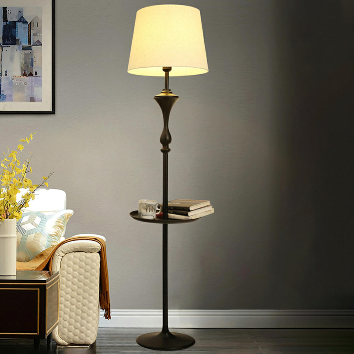 Traditional Standing Barrel Side Table Floor Lamp Image - 4