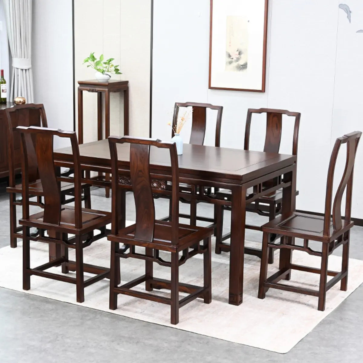 Traditional Wood Rectangle Dining Set with 6 Chairs Image - 1