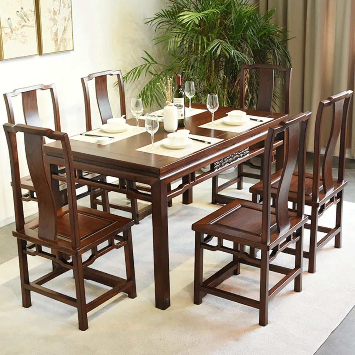 Traditional Wood Rectangle Dining Set with 6 Chairs Image - 6