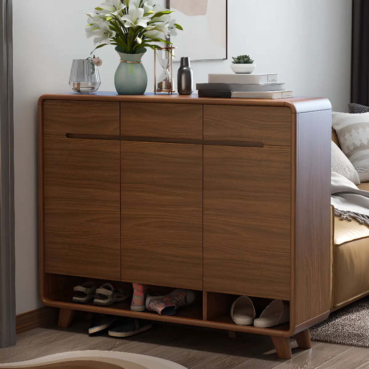 Traditional Wooden Entryway Brown Cabinet Shoe Storage Image - 1