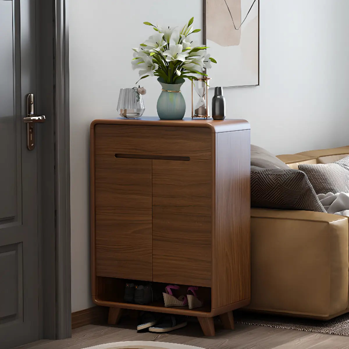 Traditional Wooden Entryway Brown Cabinet Shoe Storage Image - 2