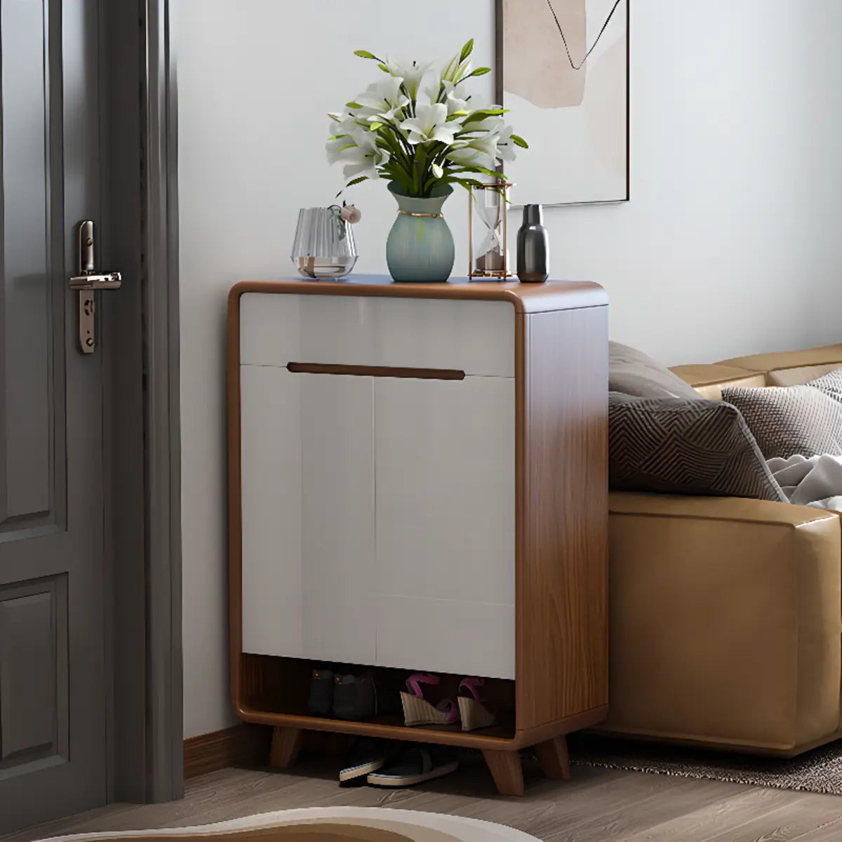 Traditional Wooden Entryway Brown Cabinet Shoe Storage Image - 29