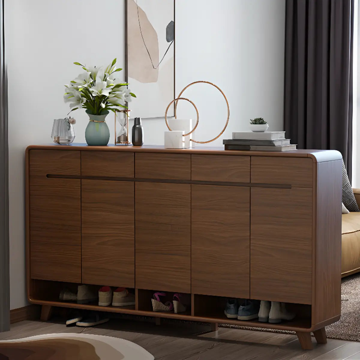 Traditional Wooden Entryway Brown Cabinet Shoe Storage Image - 9