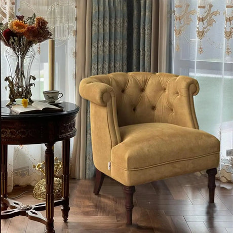 Traditional Yellow Flannel Tufted Back Barrel Chair Image - 1