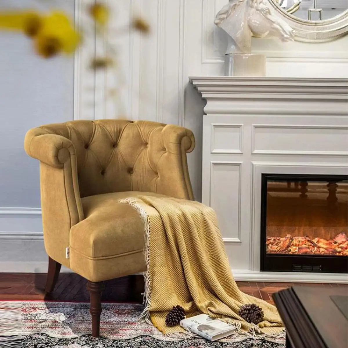 Traditional Yellow Flannel Tufted Back Barrel Chair Image - 4