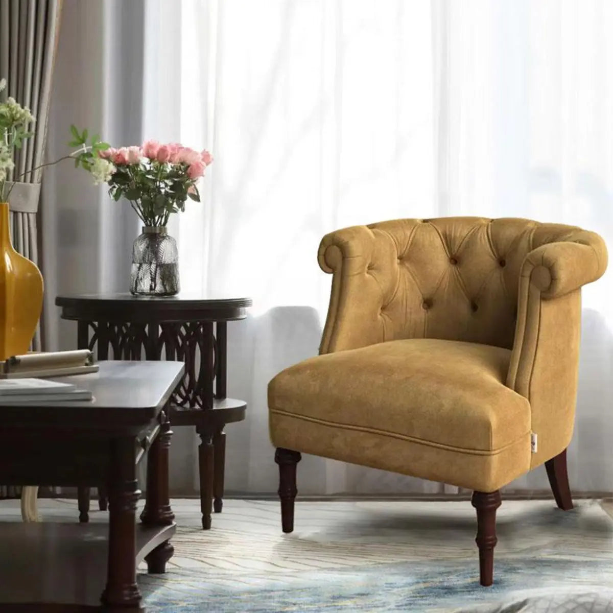 Traditional Yellow Flannel Tufted Back Barrel Chair Image - 5