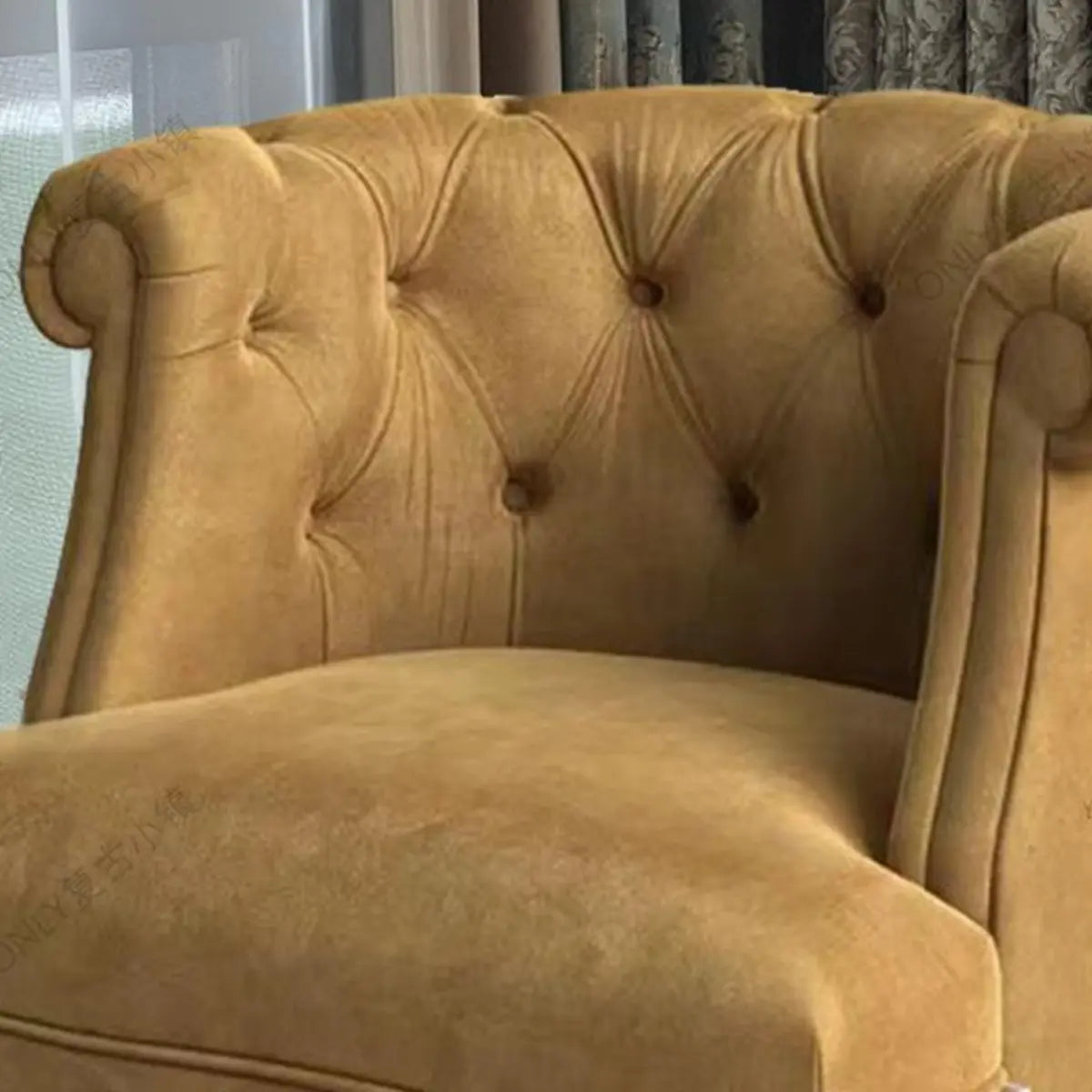 Traditional Yellow Flannel Tufted Back Barrel Chair Image - 7