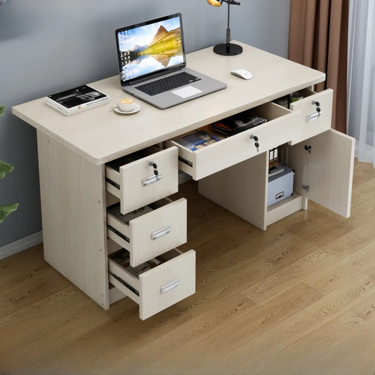 Transitional Ergonomic Wooden Drawers Computer Desk Image - 4