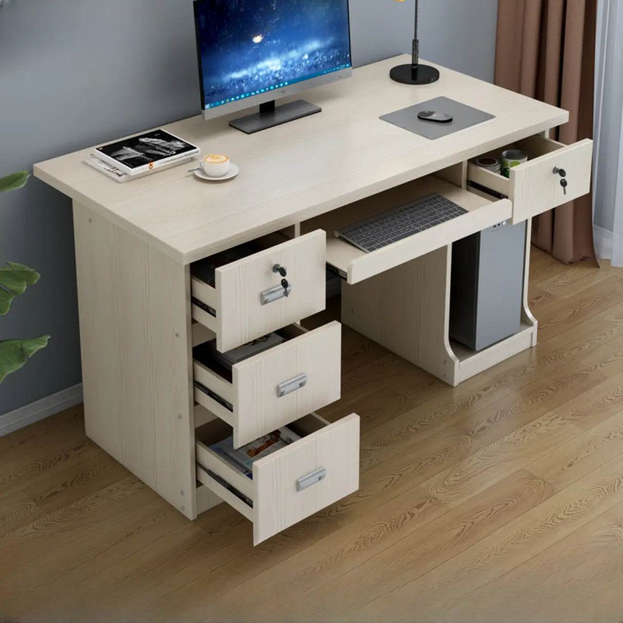 Transitional Ergonomic Wooden Drawers Computer Desk Image - 5