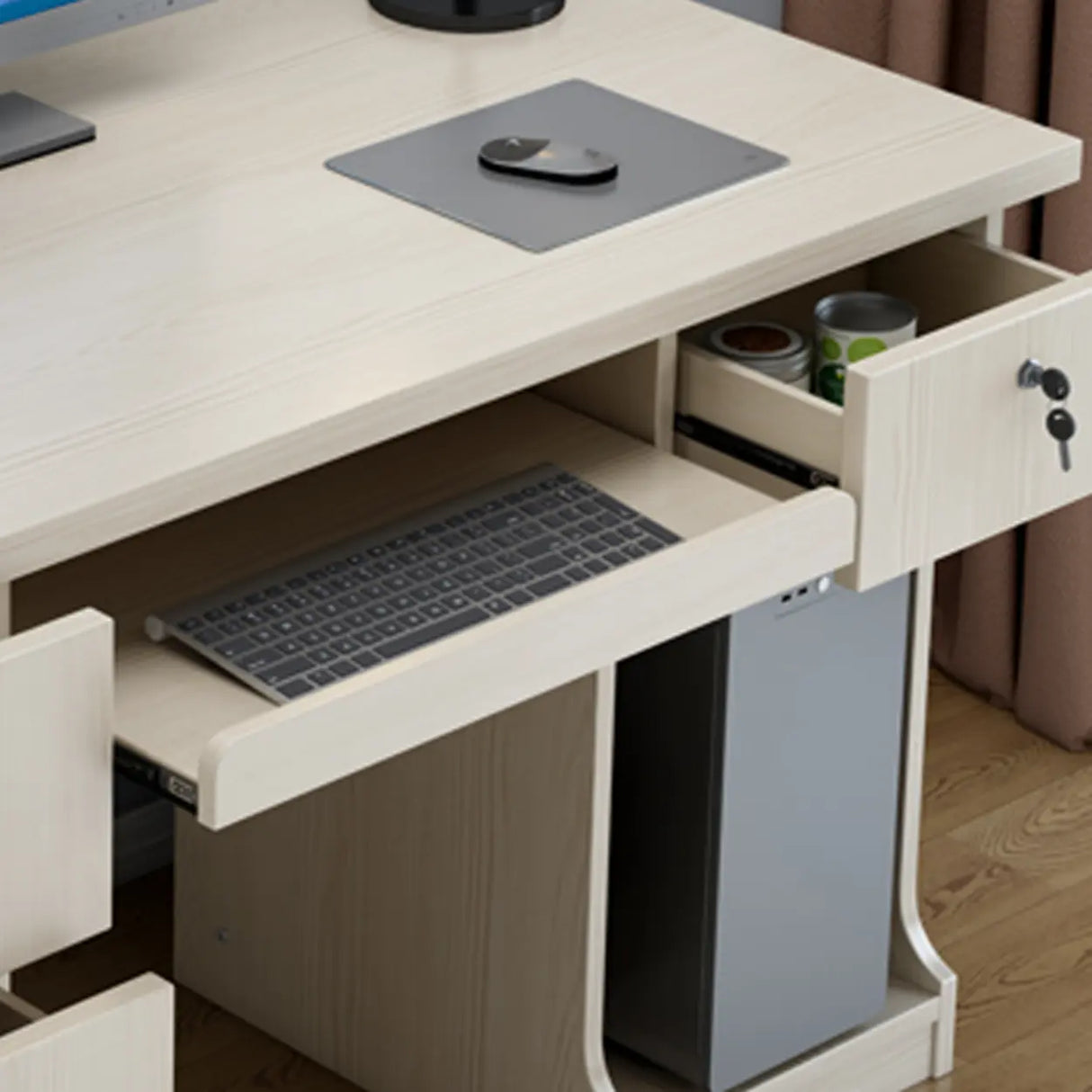 Transitional Ergonomic Wooden Drawers Computer Desk Image - 7