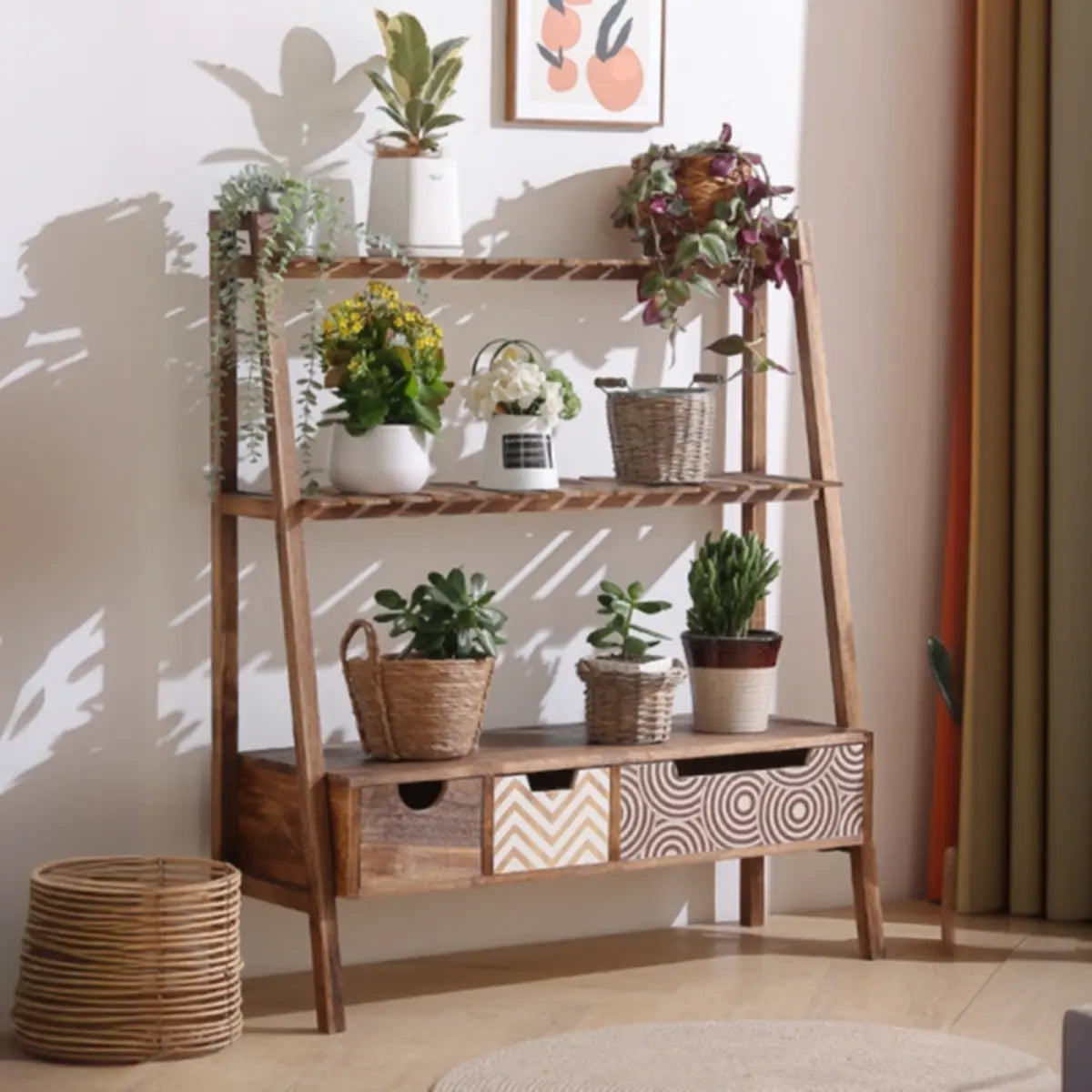 Trapezoid Wood Drawers 3 Tier Floor Storage Plant Stand Image - 3