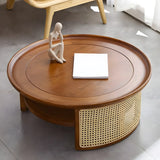 Tray Top Rattan Base Round Coffee Table with Shelves Image - 1