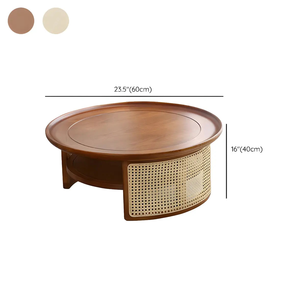 Tray Top Rattan Base Round Coffee Table with Shelves 