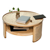 Tray Top Rattan Base Round Coffee Table with Shelves Image - 2