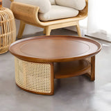 Tray Top Rattan Base Round Coffee Table with Shelves Image - 4