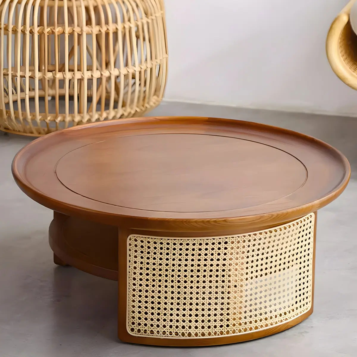 Tray Top Rattan Base Round Coffee Table with Shelves Image - 6